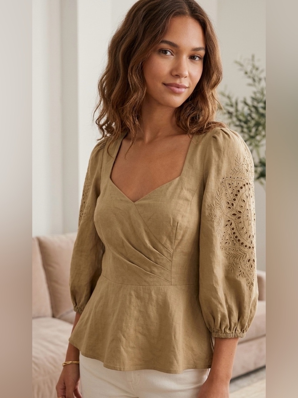 Parker Rosetta Linen Blend Puff Sleeve Sweetheart Peplum Blouse Tan Small
